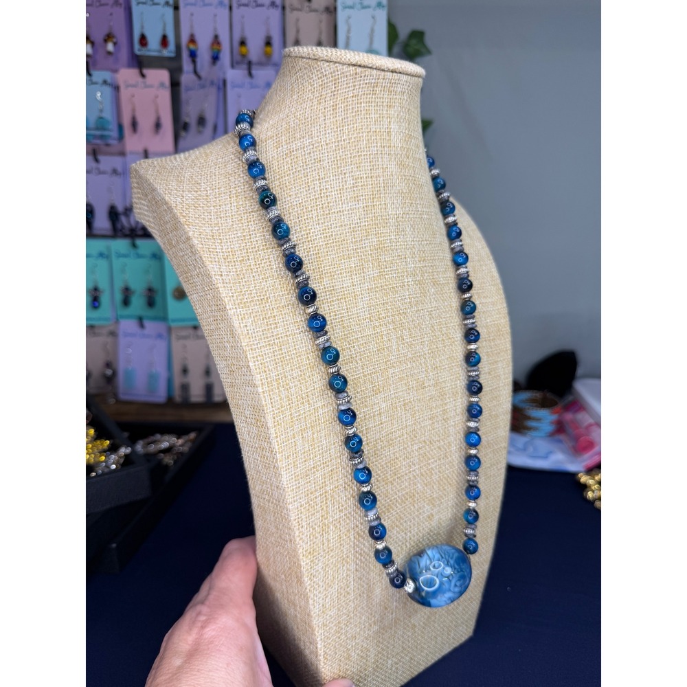 Blue Tiger Eye Beaded Necklace with Artisan Lampwork Glass Floral Focal Bead - Picture 4 of 5